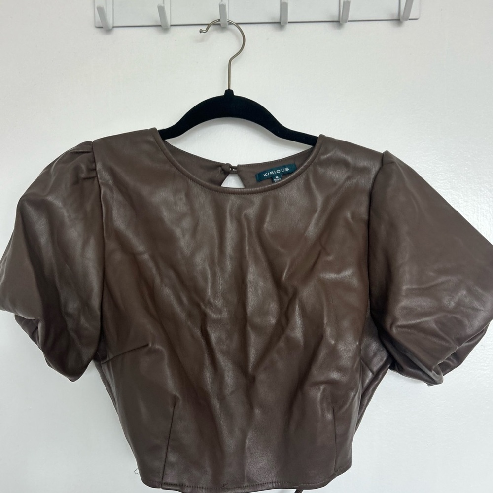 Zara Brown Faux Leather Blouse with Puff Sleeves